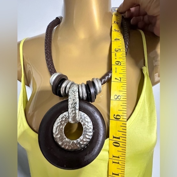 Artisan Necklace Brutalist Statement Brown Wood Ring Silver Tone Braided 3405 W - Picture 8 of 15